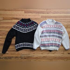 Vtg 90s Rafferty Mockneck Sweaters Set Of 2 Hand Knit Colorful Size L
